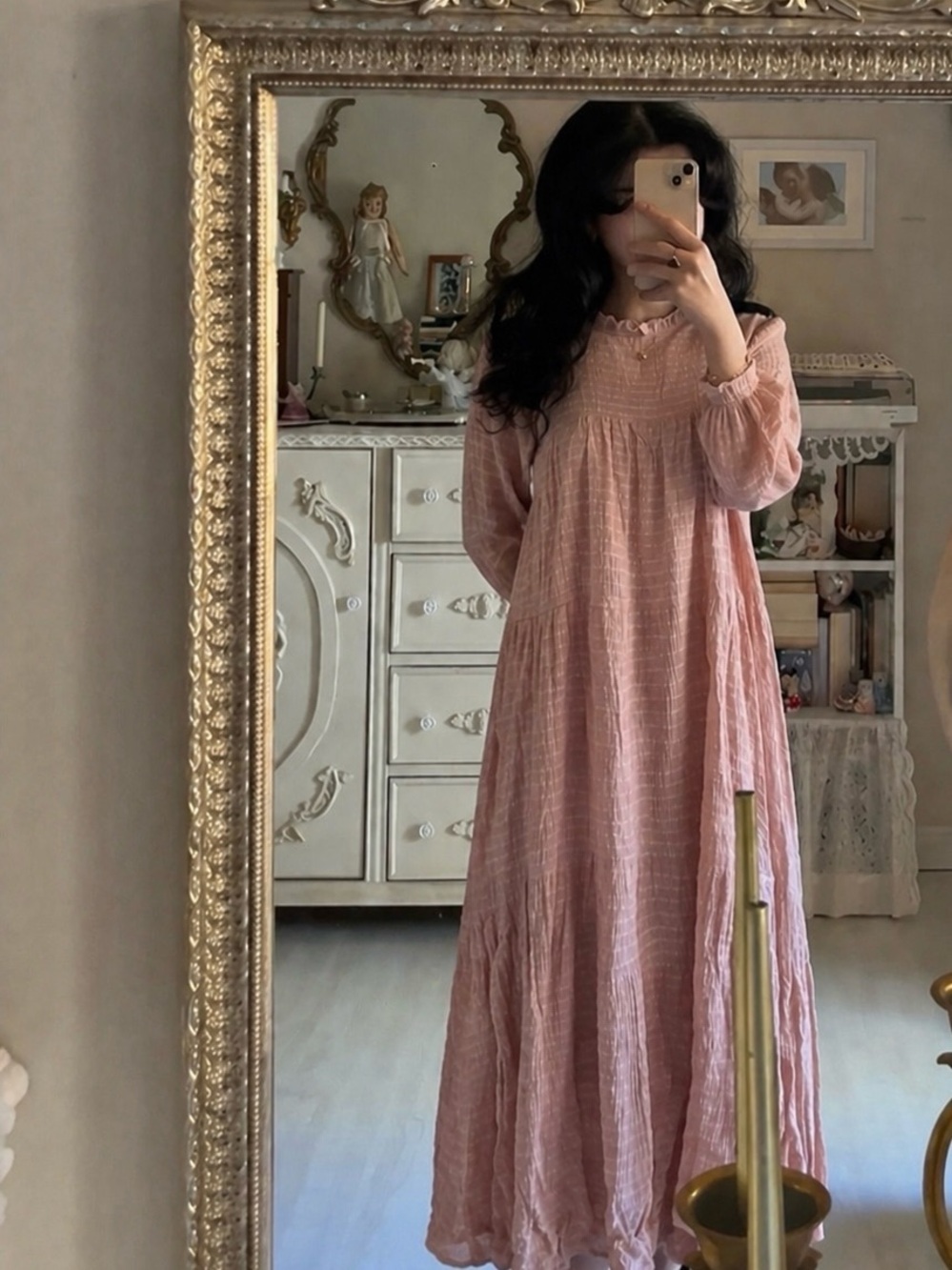 Romantic Pink Long-Sleeve Maxi Dress